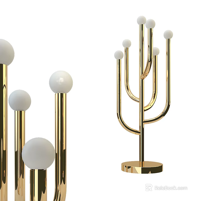 Modern Floor Lamp With Golden Curved Arms Circular Base And White Globe Shades 3d model 