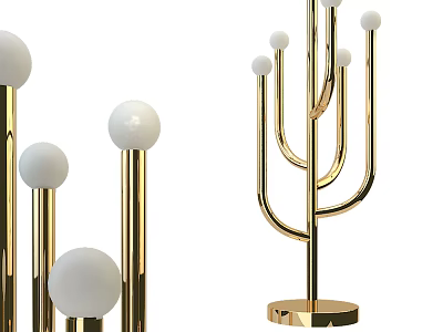 Modern Floor Lamp With Golden Curved Arms Circular Base And White Globe Shades 3d model
