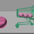 Interactive Zone Displaying Green Shopping Cart With Pink Balls And Hemisphere On White Background