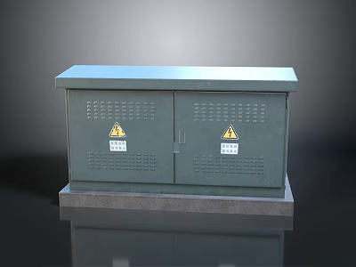 Outdoor Green Computer Cabinet With Double Doors Yellow Warning Signs And Gray Pedestal 3d model