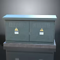 Outdoor Green Computer Cabinet With Double Doors Yellow Warning Signs And Gray Pedestal