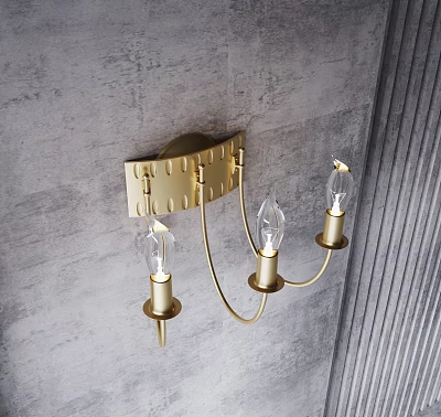 Gold Metal Wall Sconce With Three Glass Bulbs On Gray Textured Wall 3d model