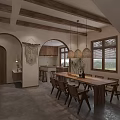 Rustic Modern Hotel Lobby With Wooden Beams Pendant Lights Sofa Bookshelves And Projection Screen