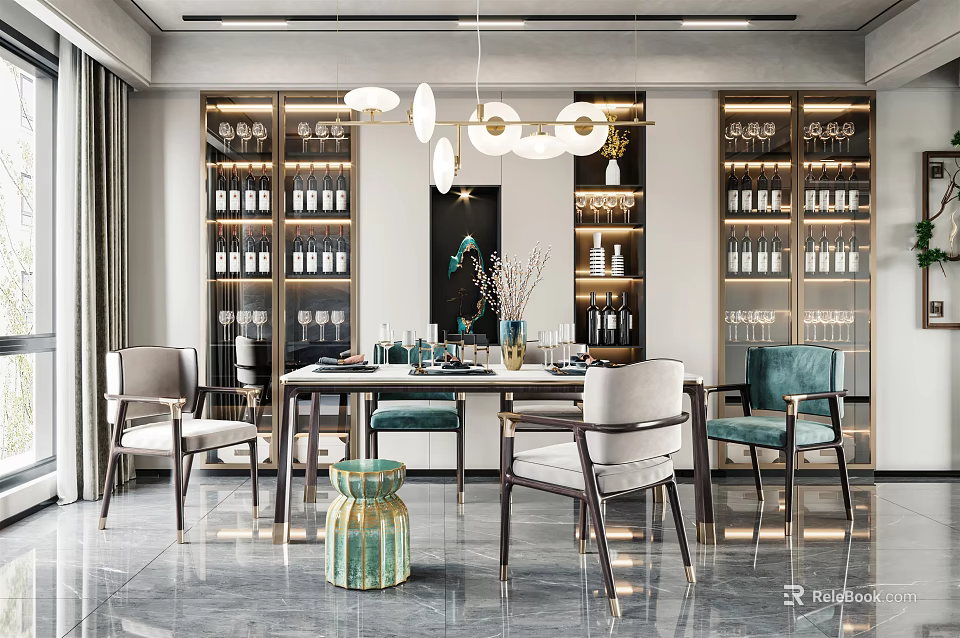 Elegant Modern Restaurant Interior With Dining Table Chairs Wine Racks And Pendant Lights 3d model
