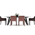 Modern Dining Table Set With White Table Brown Chairs And Potted Plant Decor 3d model