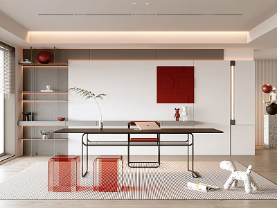 Modern Study Room Interior With Long Desk Red Stools 3d model