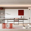 Modern Study Room Interior With Long Desk Red Stools 3d model