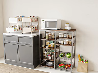 Kitchen Storage Shelves with Microwave Jars Spices Vegetables and Fresh Fruits 3d model
