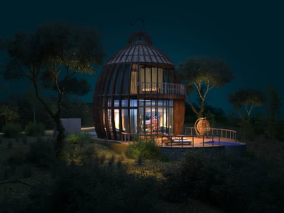 Dome shaped wooden house at night illuminated with large glass windows trees and outdoor terrace 3d model