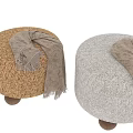 Round Brown Faux Fur Ottoman with Wooden Ball Legs and Cozy Gray Fringed Blanket