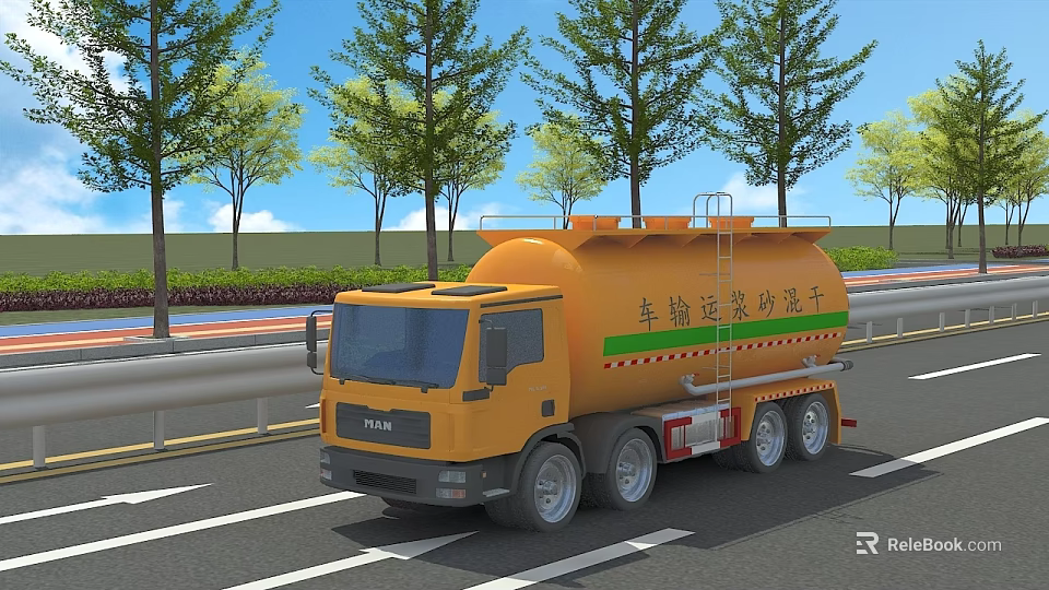 Yellow Concrete Transport Truck Driving On Road With Trees And Guardrails 3d model 