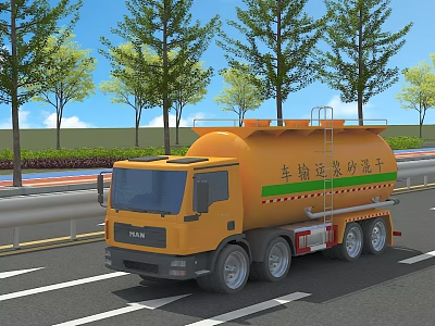 Yellow Concrete Transport Truck Driving On Road With Trees And Guardrails 3d model