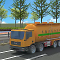 Yellow Concrete Transport Truck Driving On Road With Trees And Guardrails