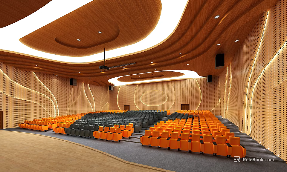 Modern Large Conference Room With Curved Wooden Walls Orange Gray Stepped Seats And Ambient Lighting 3d model 