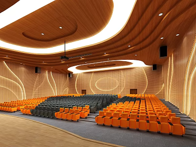 Modern Large Conference Room With Curved Wooden Walls Orange Gray Stepped Seats And Ambient Lighting 3d model