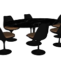 Modern Dining Table Set with Round Marble Top Black Chairs Brown Seat Cushions