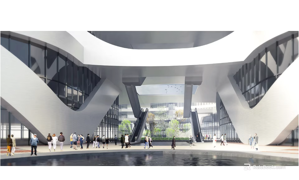 Modern Architectural Hall Space with People Large Windows Stairs and Water Pool 3d model 