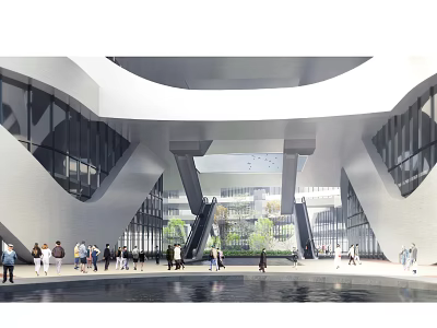 Modern Architectural Hall Space with People Large Windows Stairs and Water Pool 3d model