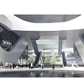 Modern Architectural Hall Space with People Large Windows Stairs and Water Pool