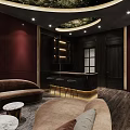 Elegant Modern Chinese Private Dining Room With Round Table Dark Chairs Wooden Walls And White Sofa