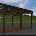 Wooden Pergola With Lattice Top Climbing Plants And Wooden Platform Green Trees Under Blue Sky