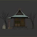 Cartoon Scene of Japanese Wooden House With Green Roof Bare Trees and Stone Lanterns