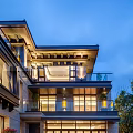 Modern Detached Villa Exterior Design With Large Windows Glass Balcony Evening Lighting And Greenery