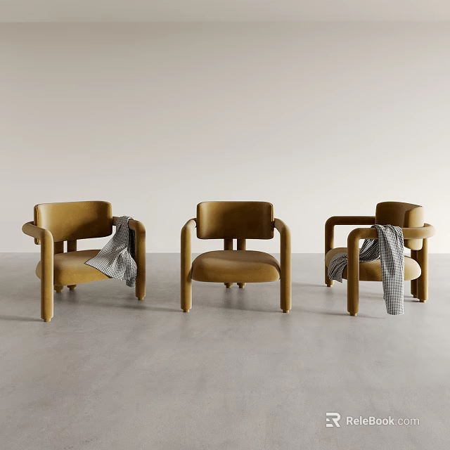 Modern Golden Armrest Dining Chairs with Throw Blankets in Minimalist Setting 3d model