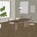 Wooden Dining Table Set with Light Chairs Fruit Plate Vase and Window Blinds