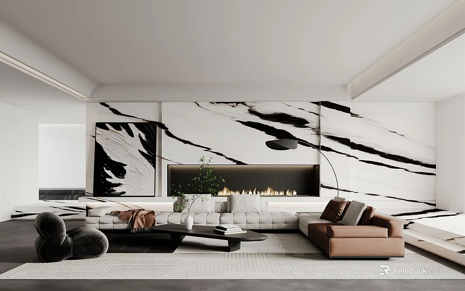 Modern Living Room Interior With Marble Wall Fireplace Comfortable Sofa And Coffee Table 3d model