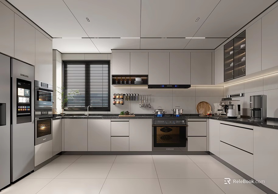 Modern Kitchen Interior with White Cabinets Open Layout Built-in Oven and Appliances 3d model 