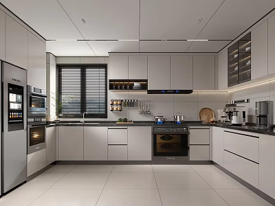 Modern Kitchen Interior with White Cabinets Open Layout Built-in Oven and Appliances 3d model