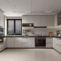 Modern Kitchen Interior with White Cabinets Open Layout Built-in Oven and Appliances