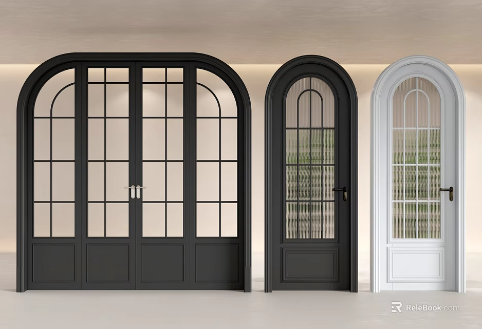 Arched Interior Doors In Black And White With Glass Panes Design 3d model 