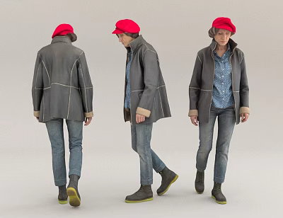 Woman In Three Different Angles Wearing Red Hat Gray Coat Blue Shirt Jeans And Shoes 3d model