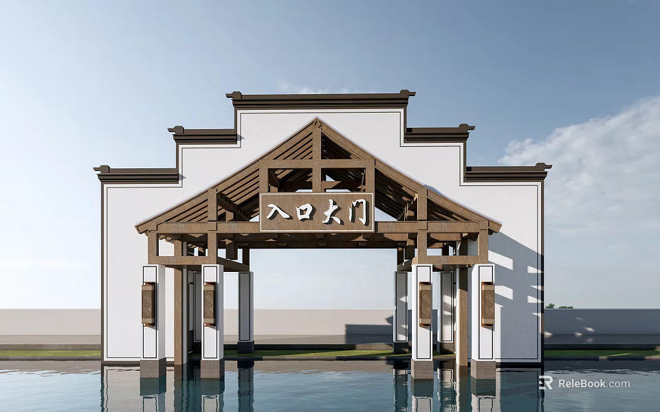 Chinese Traditional Entrance Gate With Wooden Frame White Walls And Water Reflection 3d model 