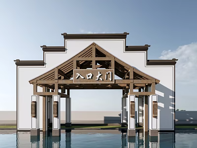 Chinese Traditional Entrance Gate With Wooden Frame White Walls And Water Reflection 3d model