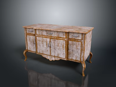 Classic Vintage Wooden Cabinet With Distressed Finish Drawers Doors And Curved Legs 3d model