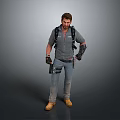 3D Male Character Wearing Gray Hoodie Backpack Tools Jeans and Yellow Boots as Bio Figure