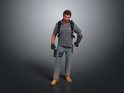 3D Male Character Wearing Gray Hoodie Backpack Tools Jeans and Yellow Boots as Bio Figure 3d model