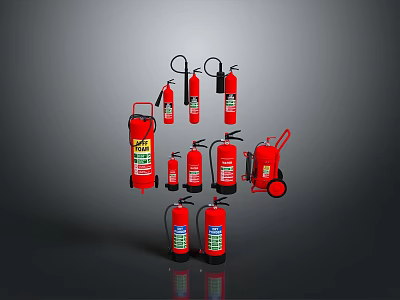 Various Red Fire Extinguishers Including Portable And Trolley Mounted Types 3d model