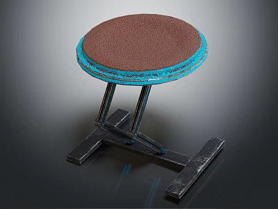 Modern Stool With Brown Padded Seat And Blue Trim On Metal Frame 3d model