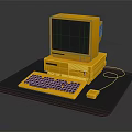 Vintage Yellow Electronic Computer With Monitor Tower Keyboard And Mouse On Black Mat