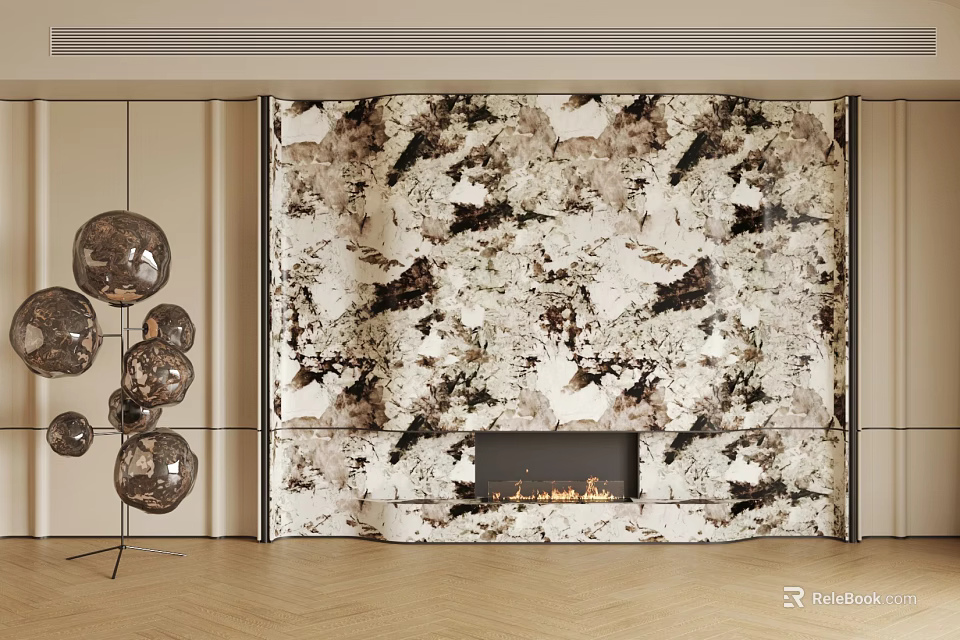 Modern TV Backdrop With Marble Pattern Fireplace And Metallic Spherical Decor 3d model 