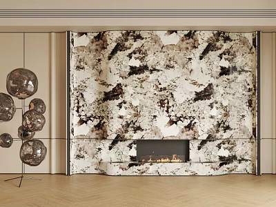 Modern TV Backdrop With Marble Pattern Fireplace And Metallic Spherical Decor 3d model