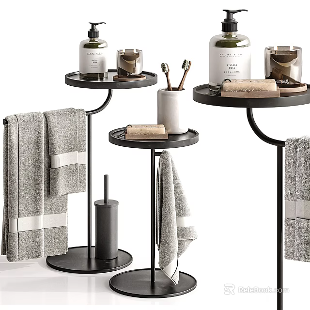 Bathroom Accessories with Black Tiered Stands Gray Towels and Toiletries 3d model 
