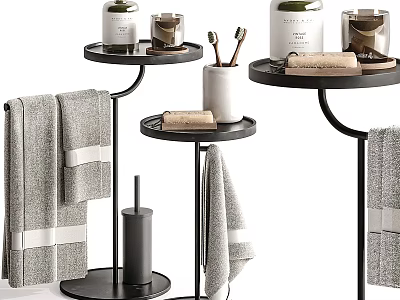 Bathroom Accessories with Black Tiered Stands Gray Towels and Toiletries 3d model