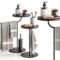 Bathroom Accessories with Black Tiered Stands Gray Towels and Toiletries