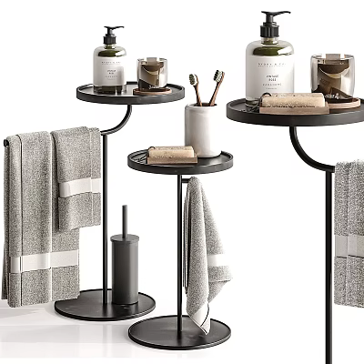 Bathroom Accessories with Black Tiered Stands Gray Towels and Toiletries 3d model