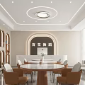 Modern Store Front Desk Interior With Arch Decor Round Table Chairs And Ceiling Light 3d model